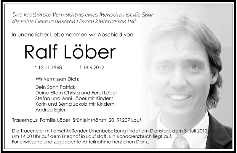  Traueranzeige für Ralf Löber vom 30.06.2012 aus Gesamtausgabe Nürnberger Nachrichten/ Nürnberger Ztg.
