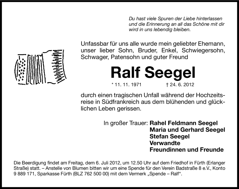  Traueranzeige für Ralf Seegel vom 04.07.2012 aus Gesamtausgabe Nürnberger Nachrichten/ Nürnberger Ztg.