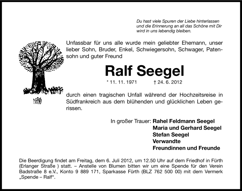  Traueranzeige für Ralf Seegel vom 04.07.2012 aus Fürther Nachrichten Lokal
