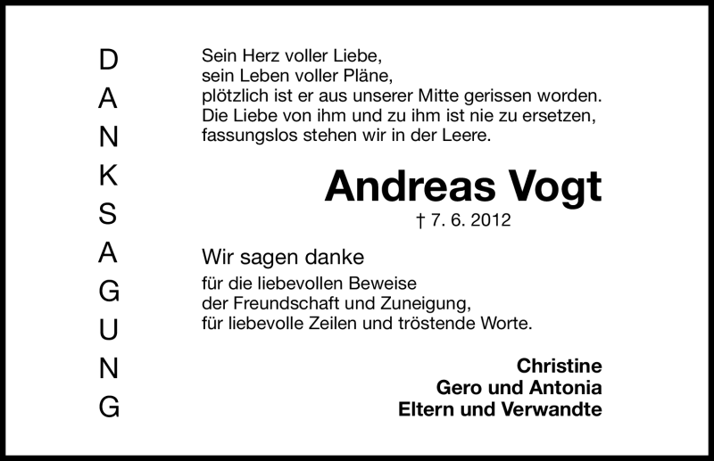  Traueranzeige für Andreas Vogt vom 14.07.2012 aus Gesamtausgabe Nürnberger Nachrichten/ Nürnberger Ztg.