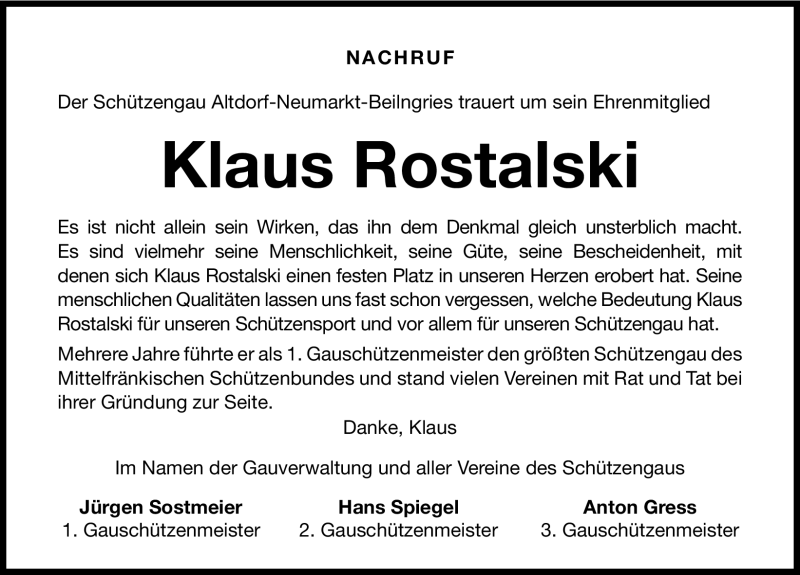  Traueranzeige für Klaus Rostalski vom 30.07.2012 aus Neumarkter Nachrichten Lokal