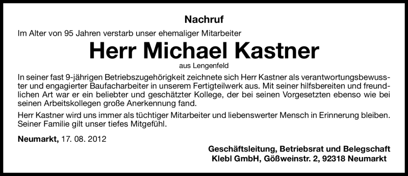  Traueranzeige für Michael Kastner vom 18.08.2012 aus Neumarkter Nachrichten Lokal