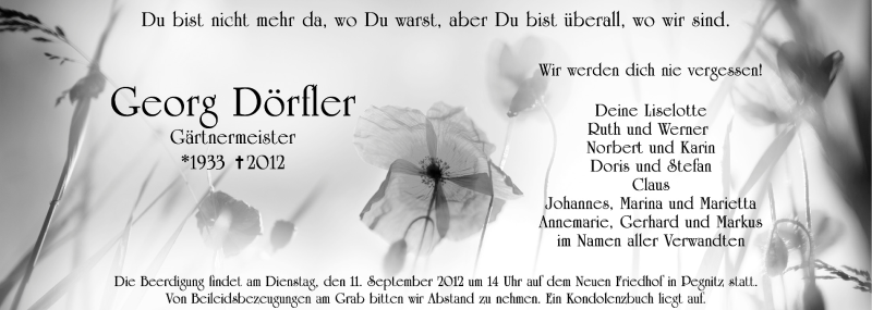  Traueranzeige für Georg Dörfler vom 08.09.2012 aus Nordbayerische Nachrichten Pegnitz Lokal