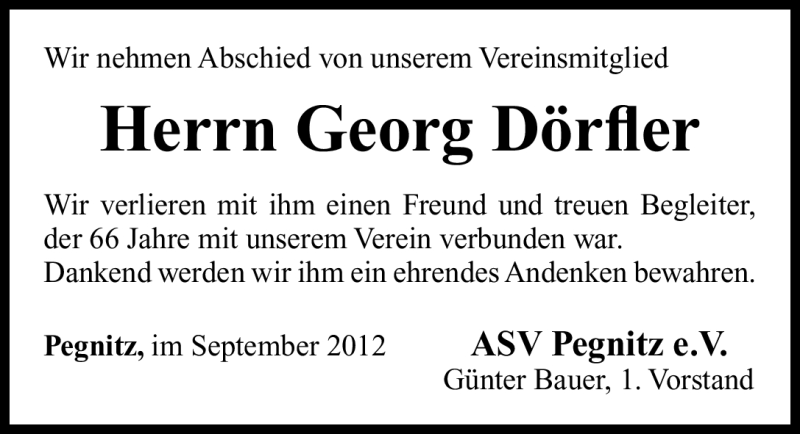  Traueranzeige für Georg Dörfler vom 10.09.2012 aus Nordbayerische Nachrichten Pegnitz Lokal