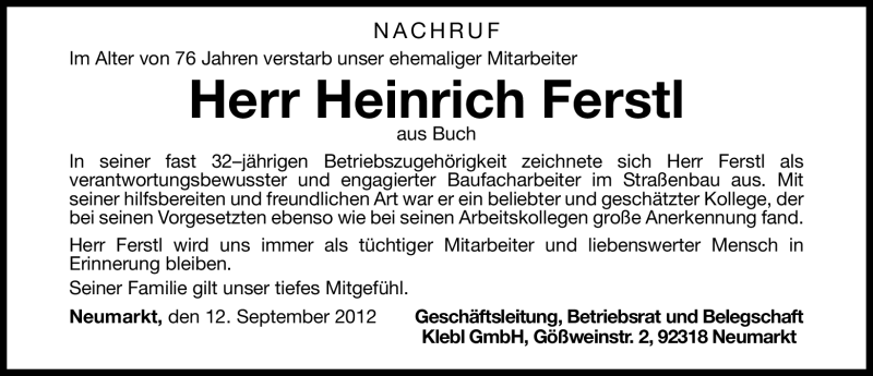  Traueranzeige für Heinrich Ferstl vom 12.09.2012 aus Neumarkter Nachrichten Lokal