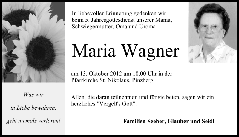  Traueranzeige für Maria Wagner vom 29.09.2012 aus Nordbayerische Nachrichten Forchheim Lokal