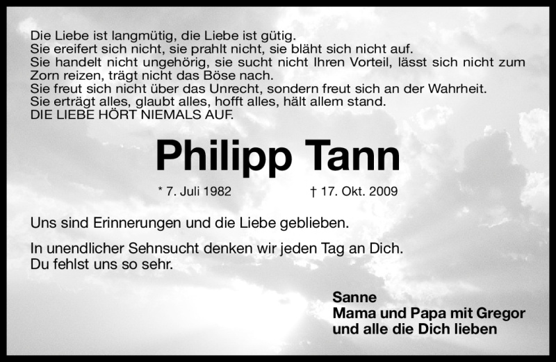  Traueranzeige für Philipp Tann vom 17.10.2012 aus Gesamtausgabe Nürnberger Nachrichten/ Nürnberger Ztg.