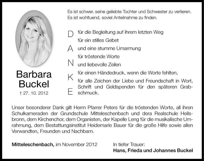  Traueranzeige für Barbara Buckel vom 10.11.2012 aus Altmühl-Bote Lokal