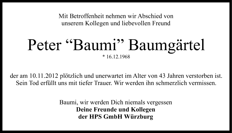  Traueranzeige für Peter Baumgärtel vom 14.11.2012 aus Gesamtausgabe Nürnberger Nachrichten/ Nürnberger Ztg.