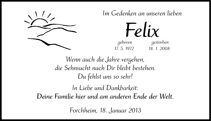  Traueranzeige für Felix  vom 18.01.2013 aus Nordbayerische Nachrichten Forchheim Lokal