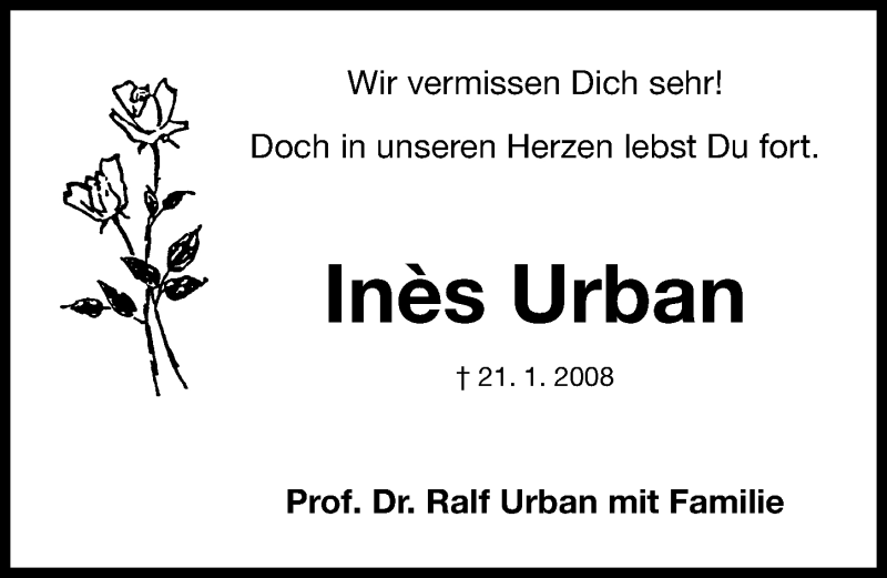  Traueranzeige für Inès Urban vom 21.01.2013 aus Erlanger Nachrichten Lokal