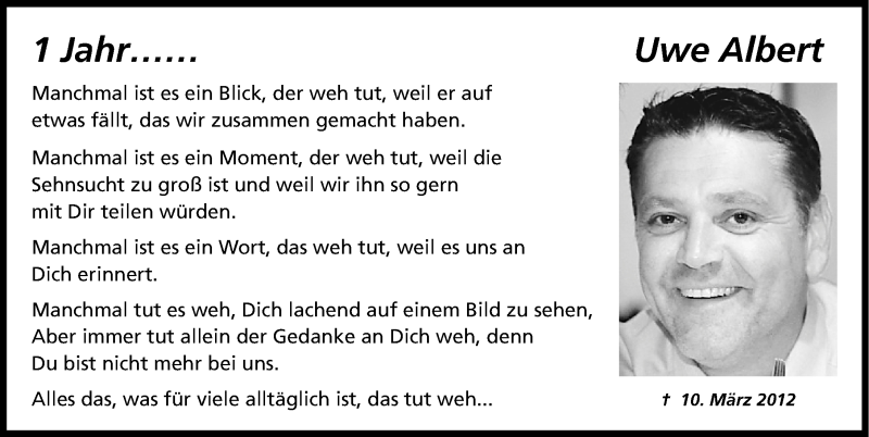  Traueranzeige für Uwe Albert vom 09.03.2013 aus Erlanger Nachrichten Lokal