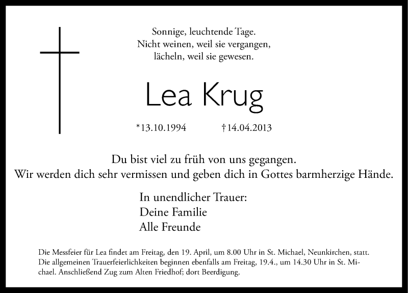  Traueranzeige für Lea Krug vom 18.04.2013 aus Erlanger Nachrichten Lokal