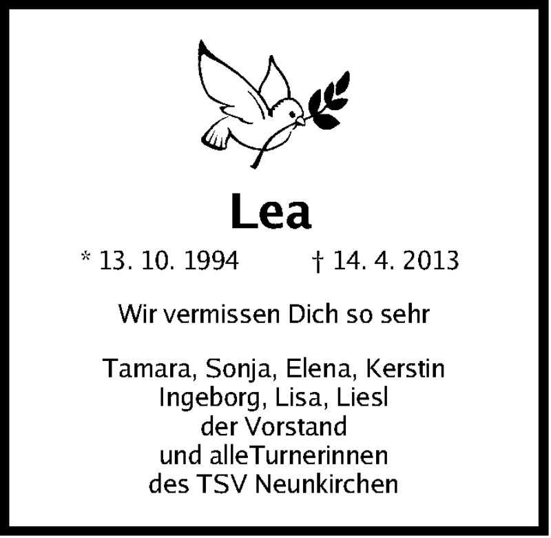  Traueranzeige für Lea Krug vom 19.04.2013 aus Erlanger Nachrichten Lokal
