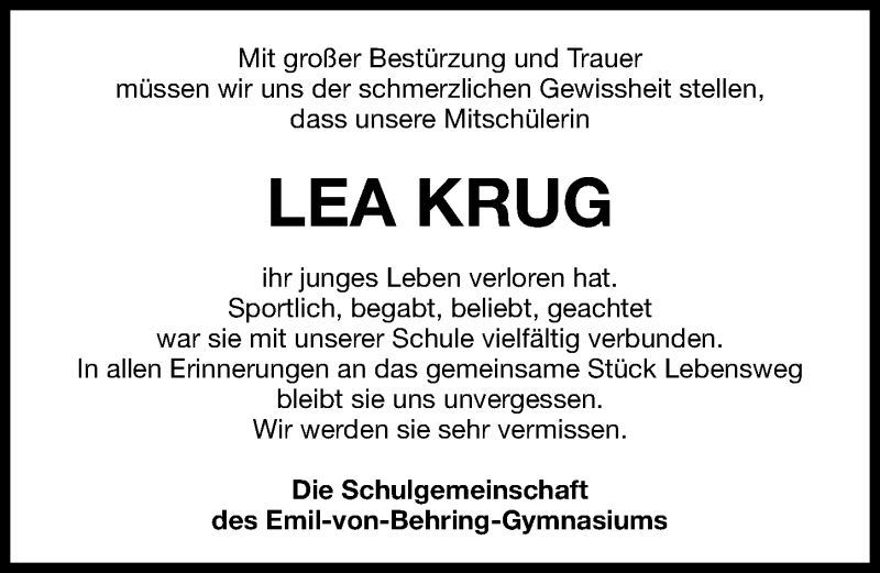  Traueranzeige für Lea Krug vom 19.04.2013 aus Erlanger Nachrichten Lokal