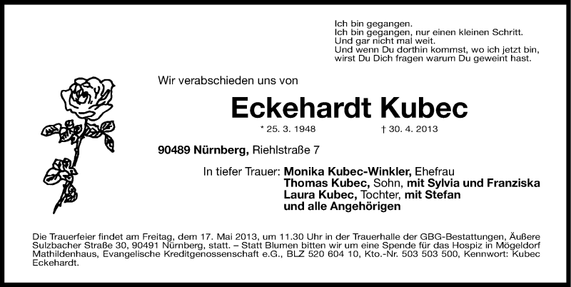  Traueranzeige für Eckehardt Kubec vom 11.05.2013 aus Gesamtausgabe Nürnberger Nachrichten/ Nürnberger Ztg.