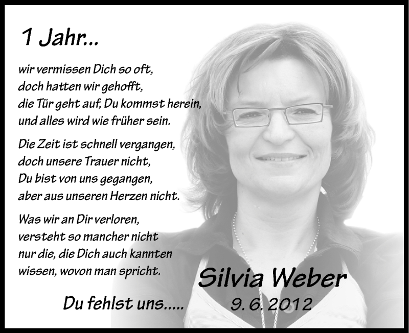  Traueranzeige für Silvia Weber vom 08.06.2013 aus Nordbayerische Nachrichten Herzogenaurach Lokal