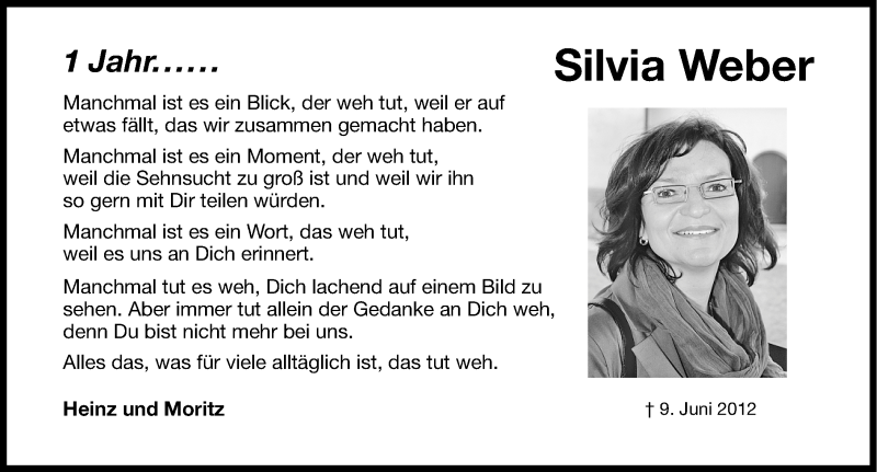  Traueranzeige für Silvia Weber vom 08.06.2013 aus Erlanger Nachrichten Lokal