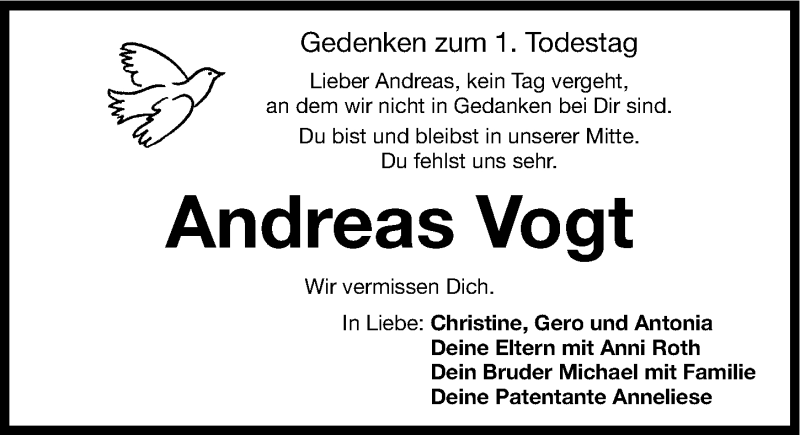  Traueranzeige für Andreas Vogt vom 07.06.2013 aus Gesamtausgabe Nürnberger Nachrichten/ Nürnberger Ztg.
