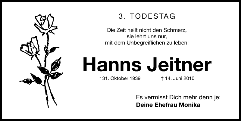  Traueranzeige für Hanns Jeitner vom 15.06.2013 aus Gesamtausgabe Nürnberger Nachrichten/ Nürnberger Ztg.