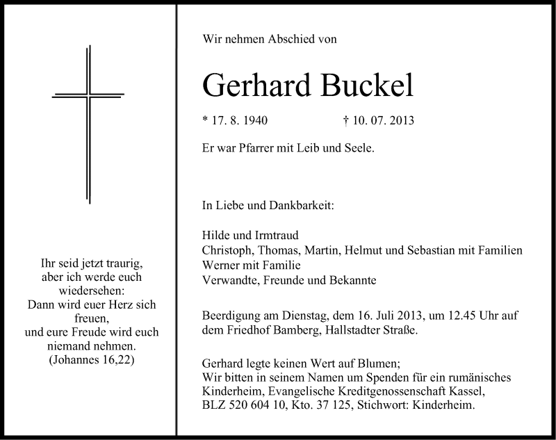  Traueranzeige für Gerhard Buckel vom 13.07.2013 aus Gesamtausgabe Nürnberger Nachrichten/ Nürnberger Ztg.
