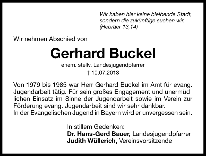  Traueranzeige für Gerhard Buckel vom 16.07.2013 aus Gesamtausgabe Nürnberger Nachrichten/ Nürnberger Ztg.