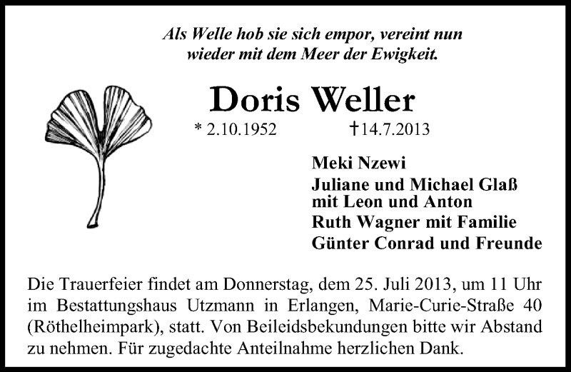  Traueranzeige für Doris Weller vom 20.07.2013 aus Gesamtausgabe Nürnberger Nachrichten/ Nürnberger Ztg.