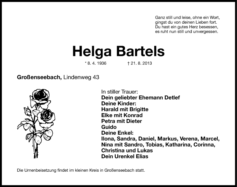  Traueranzeige für Helga Bartels vom 31.08.2013 aus Nordbayerische Nachrichten Herzogenaurach Lokal
