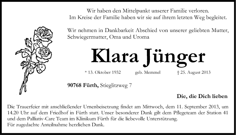  Traueranzeige für Klara Jünger vom 07.09.2013 aus Gesamtausgabe Nürnberger Nachrichten/ Nürnberger Ztg.
