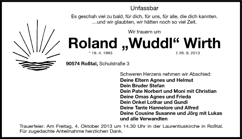  Traueranzeige für Roland Wirth vom 01.10.2013 aus Fürther Nachrichten Lokal