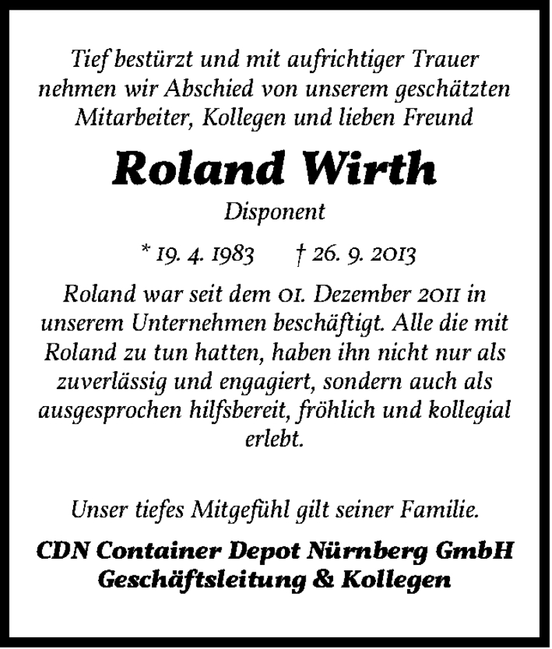  Traueranzeige für Roland Wirth vom 03.10.2013 aus Gesamtausgabe Nürnberger Nachrichten/ Nürnberger Ztg.