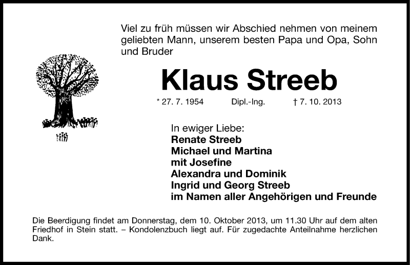  Traueranzeige für Klaus Streeb vom 09.10.2013 aus Gesamtausgabe Nürnberger Nachrichten/ Nürnberger Ztg.