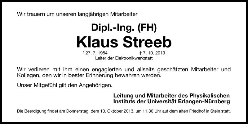  Traueranzeige für Klaus Streeb vom 10.10.2013 aus Erlanger Nachrichten Lokal