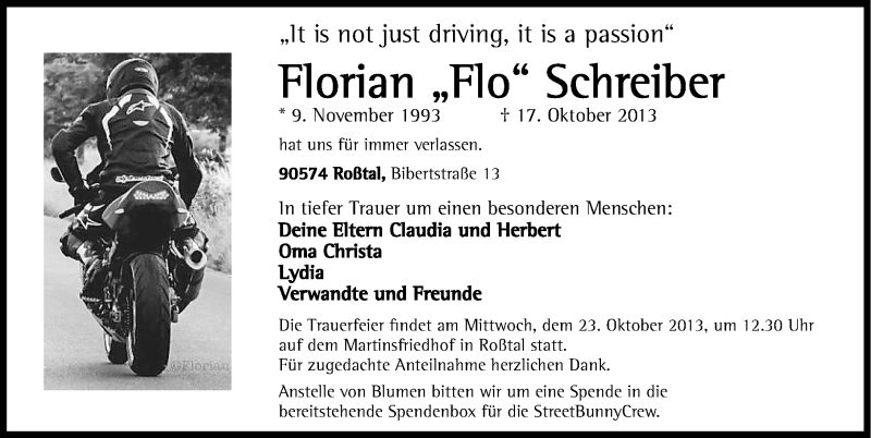 Traueranzeige für Florian Schreiber vom 21.10.2013 aus Gesamtausgabe Nürnberger Nachrichten/ Nürnberger Ztg.