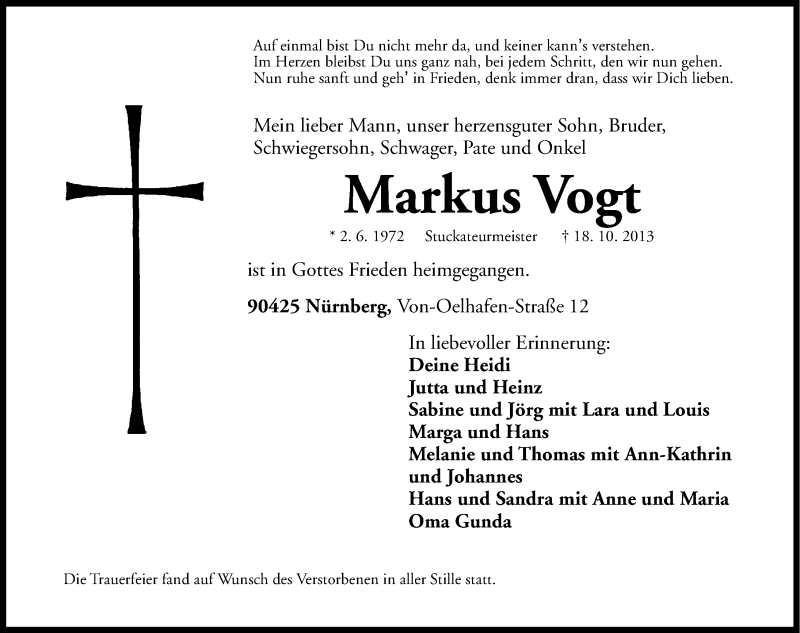  Traueranzeige für Markus Vogt vom 26.10.2013 aus Gesamtausgabe Nürnberger Nachrichten/ Nürnberger Ztg.
