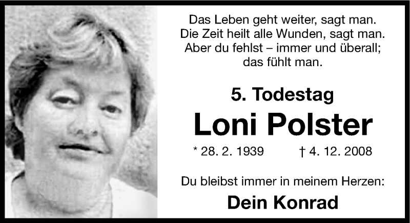  Traueranzeige für Loni Polster vom 04.12.2013 aus Nordbayerische Nachrichten Forchheim Lokal