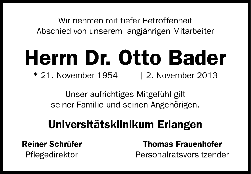  Traueranzeige für Otto Bader vom 08.11.2013 aus Erlanger Nachrichten Lokal