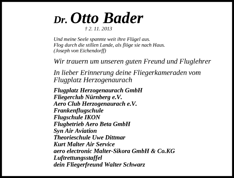 Traueranzeige für Otto Bader vom 11.11.2013 aus Gesamtausgabe Nürnberger Nachrichten/ Nürnberger Ztg.