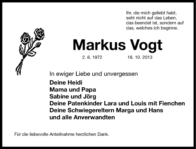  Traueranzeige für Markus Vogt vom 16.11.2013 aus Roth-Hilpoltsteiner Volkszeitung Lokal