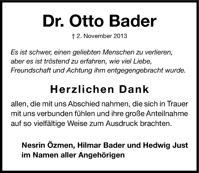  Traueranzeige für Otto Bader vom 23.11.2013 aus Gesamtausgabe Nürnberger Nachrichten/ Nürnberger Ztg.