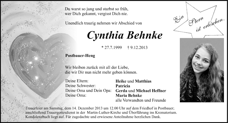  Traueranzeige für Cynthia Behnke vom 12.12.2013 aus Neumarkter Nachrichten Lokal