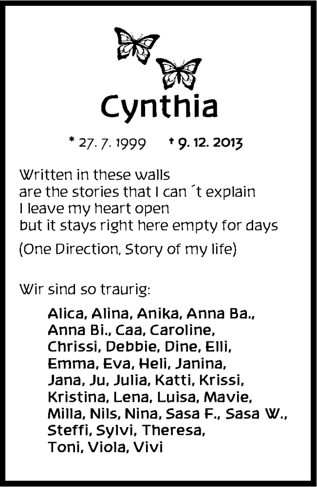  Traueranzeige für Cynthia Behnke vom 14.12.2013 aus Neumarkter Nachrichten Lokal