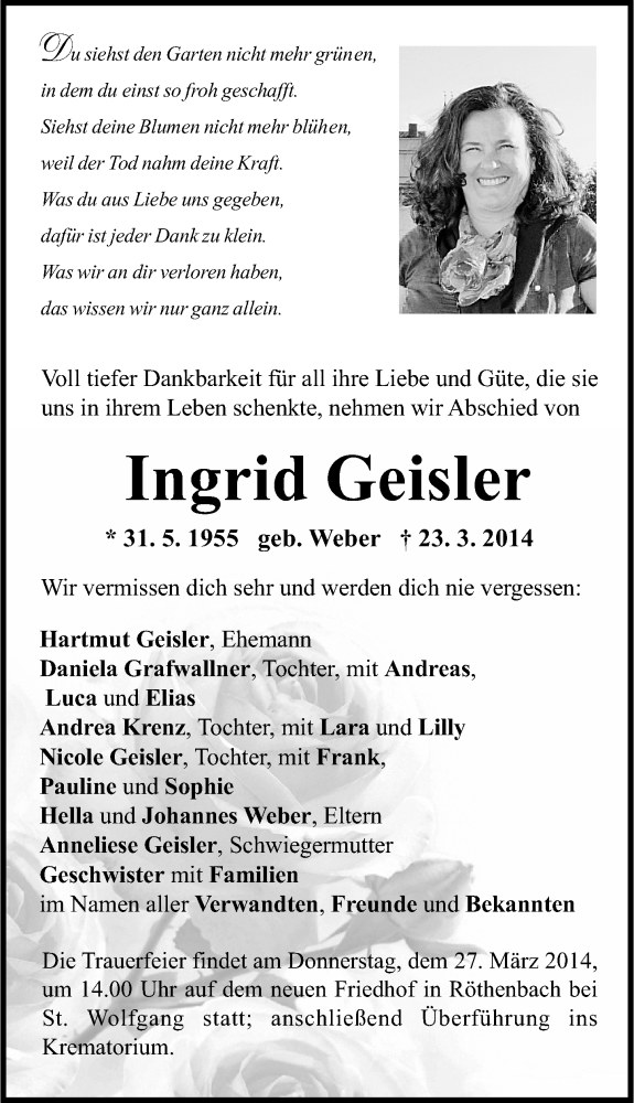  Traueranzeige für Ingrid Geisler vom 26.03.2014 aus Neumarkter Nachrichten Lokal