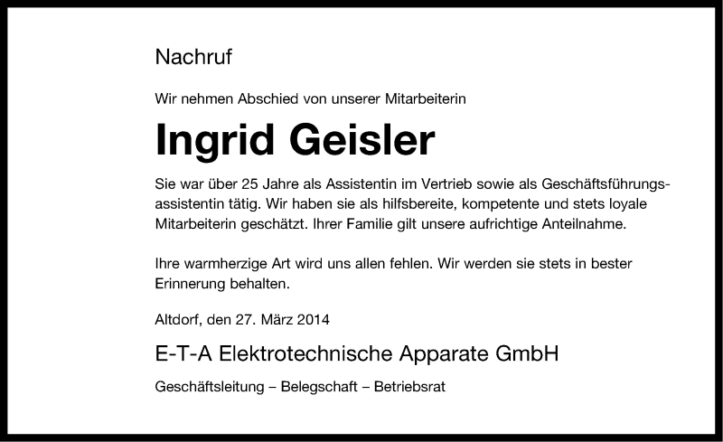  Traueranzeige für Ingrid Geisler vom 27.03.2014 aus Neumarkter Nachrichten Lokal