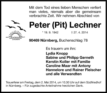 Traueranzeige von Peter  Lechner von Gesamtausgabe Nürnberger Nachrichten/ Nürnberger Ztg.