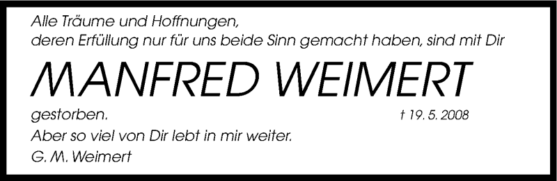  Traueranzeige für Manfred Weimert vom 19.05.2014 aus Gesamtausgabe Nürnberger Nachrichten/ Nürnberger Ztg.