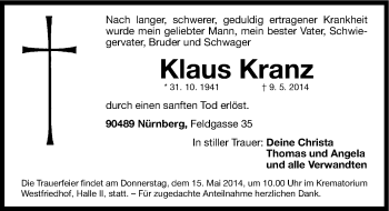 Traueranzeige von Klaus Kranz von Gesamtausgabe Nürnberger Nachrichten/ Nürnberger Ztg.