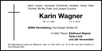 Traueranzeige von Karin Wagner von Gesamtausgabe Nürnberger Nachrichten/ Nürnberger Ztg.