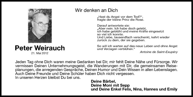  Traueranzeige für Peter Weirauch vom 21.05.2014 aus Erlanger Nachrichten Lokal