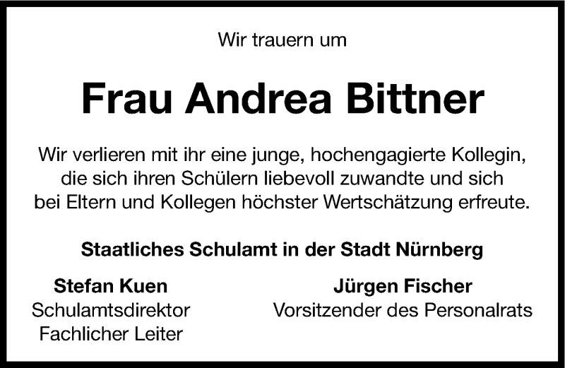  Traueranzeige für Andrea Bittner vom 06.06.2014 aus Gesamtausgabe Nürnberger Nachrichten/ Nürnberger Ztg.